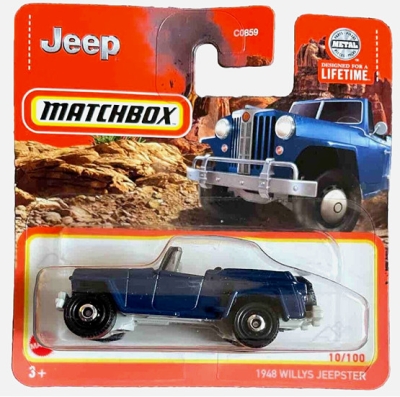 1948 WILLYS JEEPSTER CABRIO BLUE10/100 1:64 MATCHBOX SHORT CARD