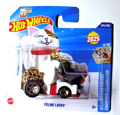 HOT WHEELS FELINE LUCKY CAT GOLD WHITE KAT 234/250 1:64 HW CELEBRATION RACERS 9/10 SHORT CARD 2025