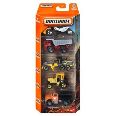MATCHBOX 5 IN BOX MBX CONTRUCTION METAL (1:64) ROAD SCRAPER, TURF HAULER, GROUND GRINDER, TRACTOR KING, PLOW MASTER 6000