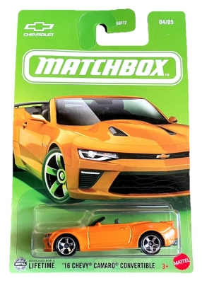 '16 CHEVY CAMARO CONVERTIBLE ORANGE 04/051:64 MATCHBOX METAL ROAD STARS SHORT CARD